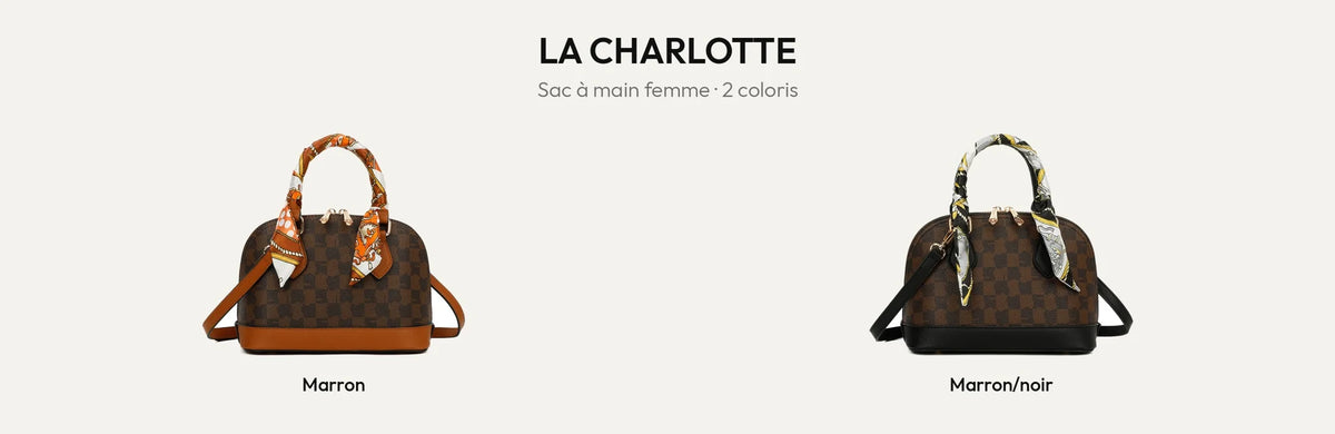 Sac à main femme La Charlotte à damier et foulard imprimé en 2 coloris, Marron et Marron/Noir – Gallantry Paris – réf. DQ-8596-4