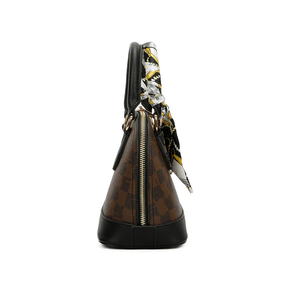 La Charlotte marron/noir de profil : la fermeture zippée suit le pourtour arrondi du sac, 11 cm de profondeur – réf. DQ-8596-4