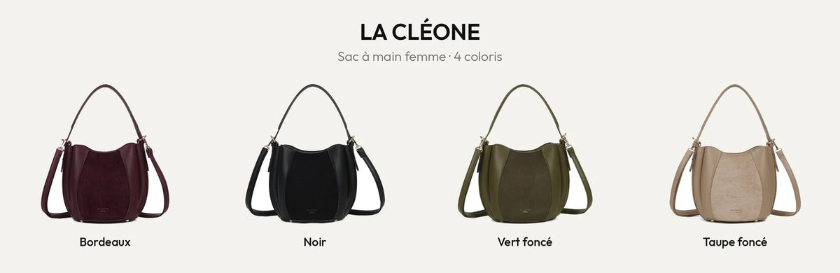 Sac à main femme La Cléone en Bordeaux, Noir, Vert Foncé et D.TAUPE – Gallantry Paris – réf. A-9188