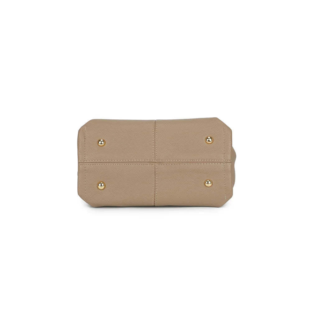 Dessous de La Cordélia taupe foncé en simili cuir grainé, posé sur de petits pieds métalliques dorés – réf. R-2061