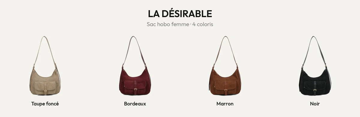 Sac hobo femme La Désirable en suédine, en quatre coloris : taupe foncé, bordeaux, marron et noir – Gallantry Paris