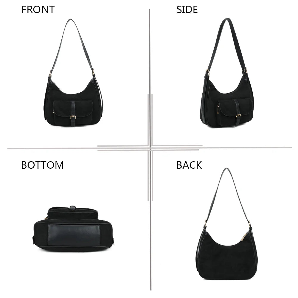 La Désirable noir sous quatre angles : face, côté, dessous et dos du sac en suédine