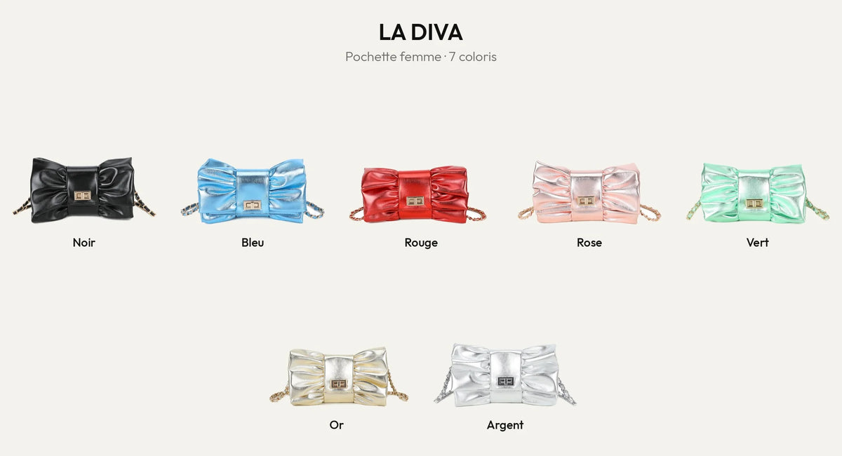 La Diva, pochette de soirée femme à nœud en 7 coloris : noir, bleu, rouge, rose, vert, or et argent – Gallantry Paris – réf. DQ-37006