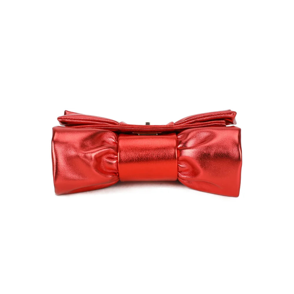 Dessous de la pochette La Diva rouge, vue de la base du nœud froncé sur 24 cm de large – réf. DQ-37006