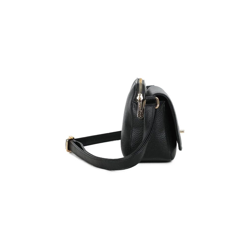 Profil du La Divine noir : format compact de 8 cm de profondeur et zip du compartiment principal – réf. R-2050