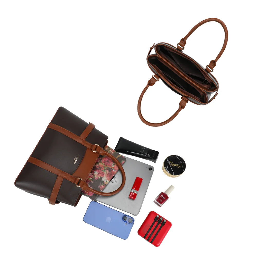 Intérieur de La Dorsay coffee/marron : plusieurs compartiments pour téléphone, tablette petit format et maquillage – réf. LS-76012