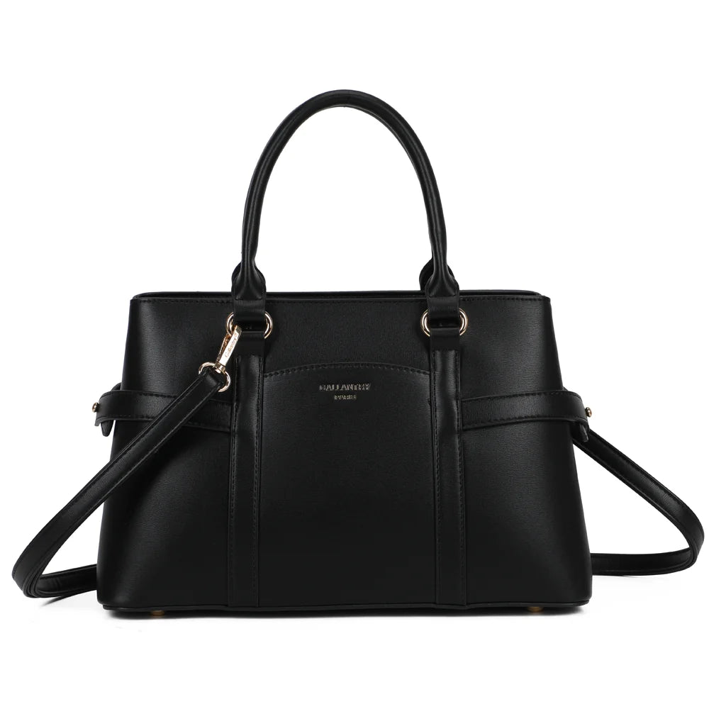 Sac à main femme La Dorsay noir, synthétique lisse vegan, anses arrondies et logo doré – Gallantry Paris – réf. LS-76012