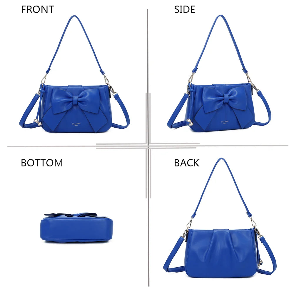 La Douce en bleu sous quatre angles : face, côté, dessous et dos de ce sac à nœud compact – réf. Z-83050