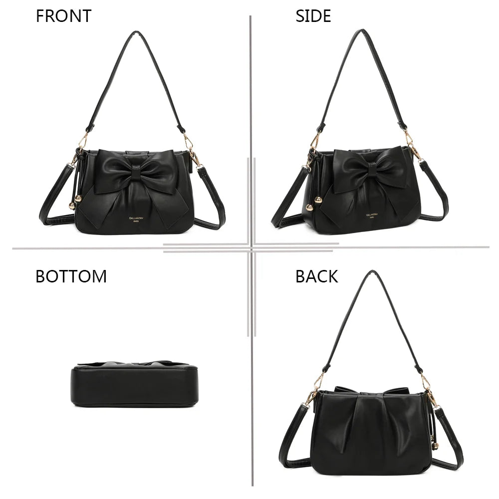 La Douce en noir sous quatre angles : face, côté, dessous et dos de ce sac à nœud compact – réf. Z-83050