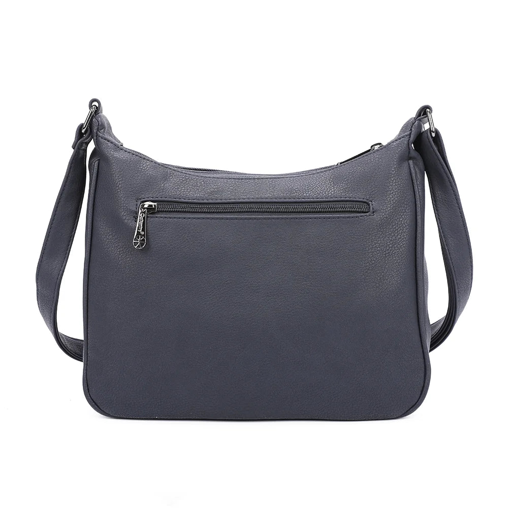 Dos du sac La Elya bleu foncé en simili cuir grainé, avec ses surpiqûres ton sur ton et sa bandoulière – réf. Z-83001