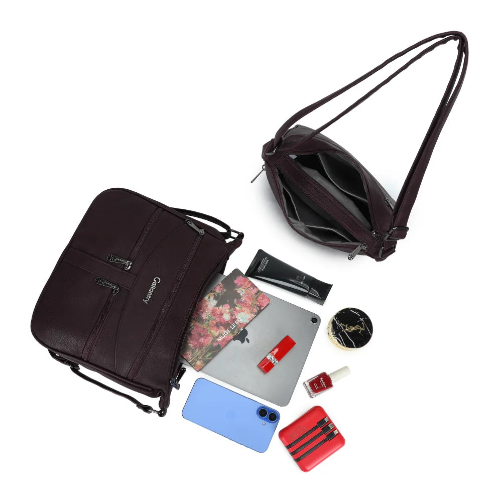 Intérieur de La Elya bordeaux : plusieurs compartiments pour ranger téléphone, carnet et petits accessoires – réf. Z-83001