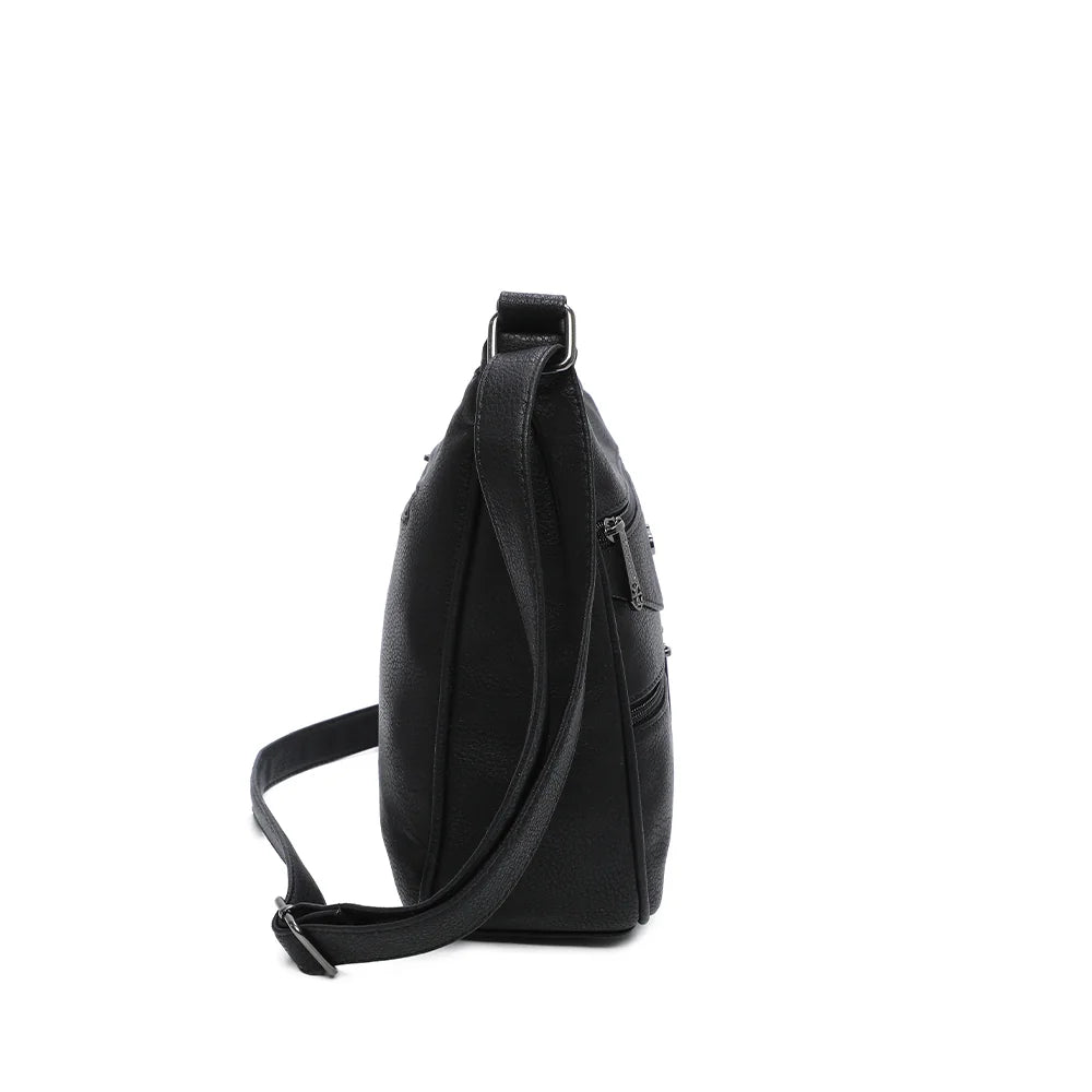 Profil du sac La Elya noir : un format de 10 cm de profondeur, avec sa bandoulière attachée par anneaux – réf. Z-83001