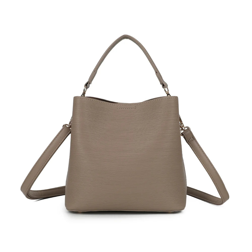 Dos du sac La Elysane taupe, surface synthétique à la texture striée et angles renforcés – réf. KJ-62106