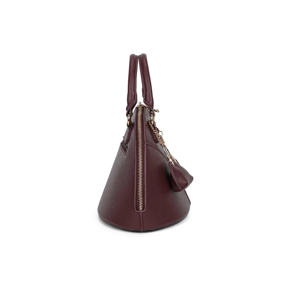 Profil de La Éminence bordeaux : fermeture zippée qui suit l’arrondi du sac, 16 cm de profondeur – réf. DQ-8738