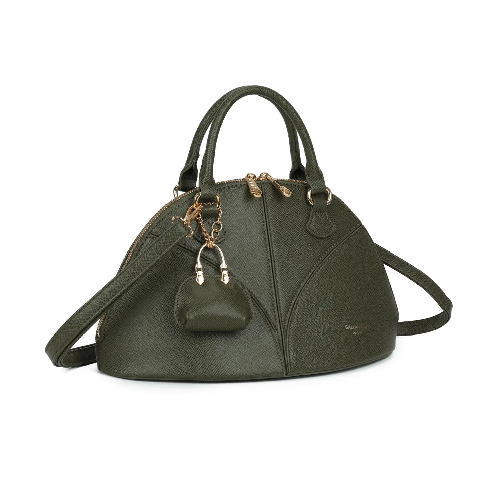 La Éminence vert foncé de trois quarts : silhouette arrondie, coutures en pétales et double zip doré – réf. DQ-8738
