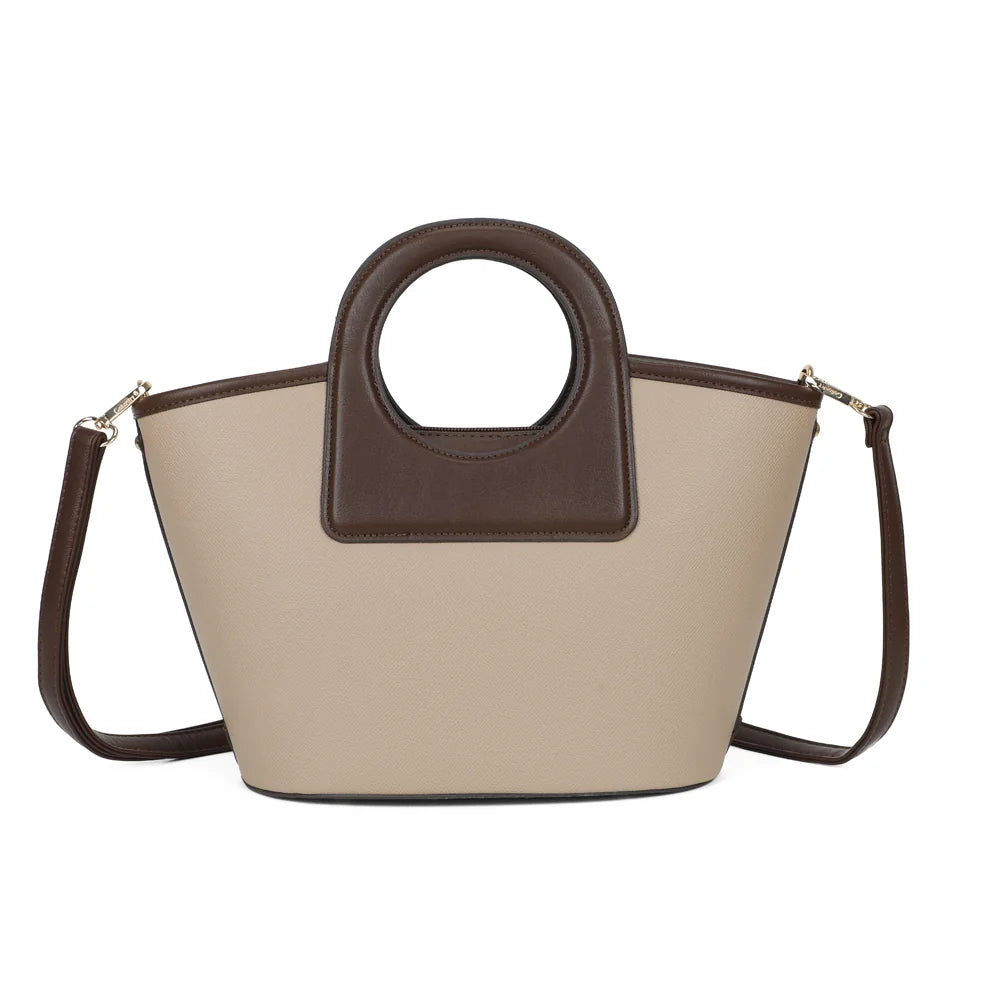 Dos du sac La Eulalie taupe/coffee, lignes épurées et liseré contrasté sur tout le pourtour – réf. DQ-8737