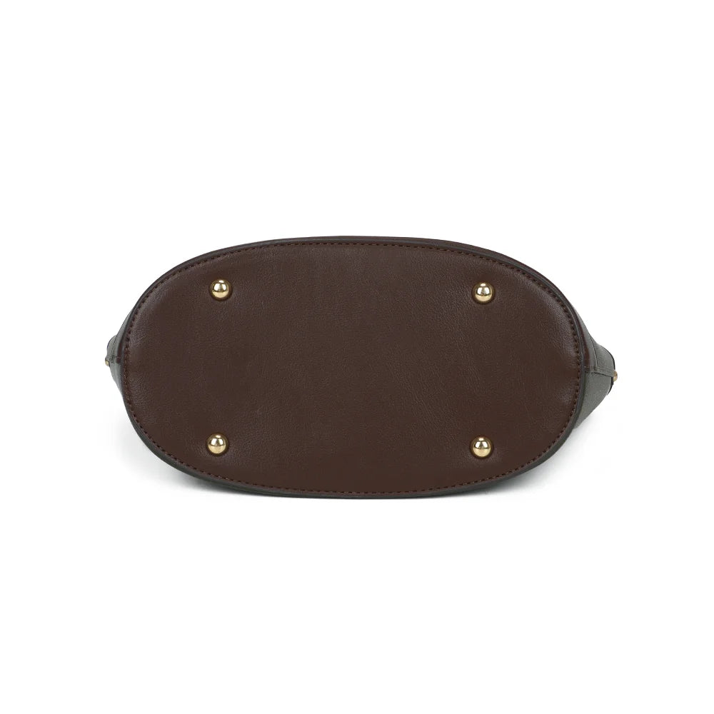Dessous du sac La Eulalie vert foncé, base ovale soulignée d’une bande contrastée – réf. DQ-8737
