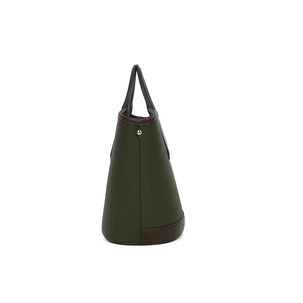 Profil du sac La Eulalie vert foncé : forme évasée et rivet doré sur le côté – réf. DQ-8737