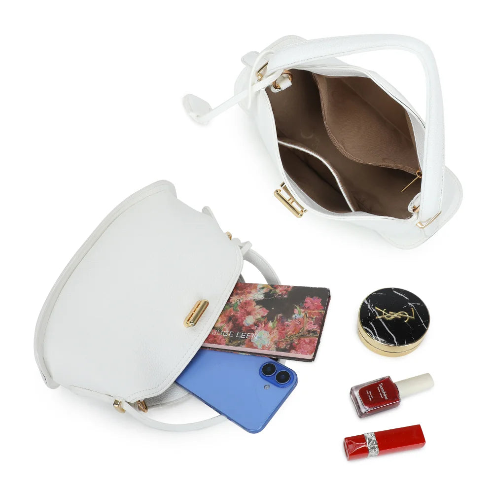 Intérieur du sac La Isée blanc : compartiment principal pour téléphone, carnet et maquillage – réf. R-2063
