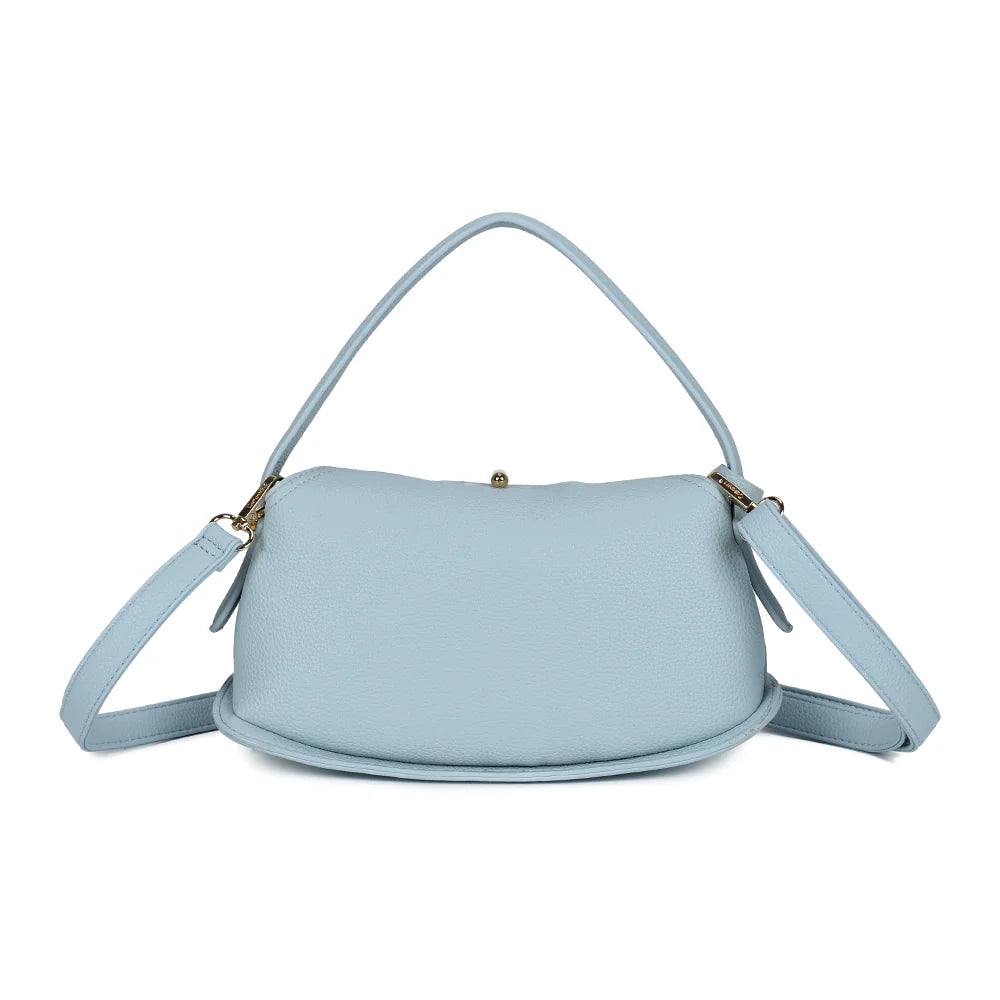 Dos du sac La Isée bleu clair : grain régulier du simili cuir et ligne arrondie épurée – réf. R-2063