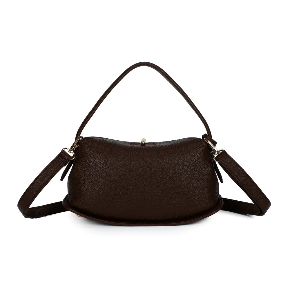 Dos du sac La Isée café : grain régulier du simili cuir et ligne arrondie épurée – réf. R-2063
