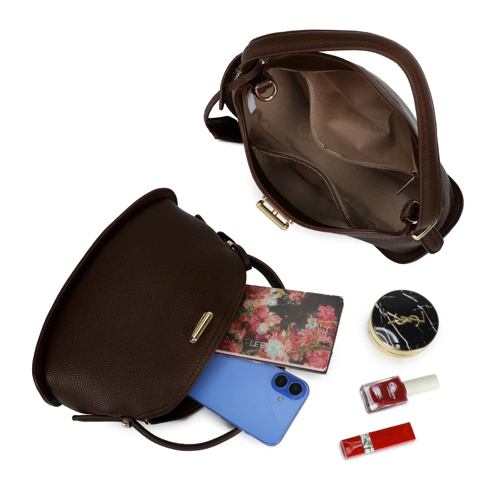 Intérieur du sac La Isée café : compartiment principal pour téléphone, carnet et maquillage – réf. R-2063