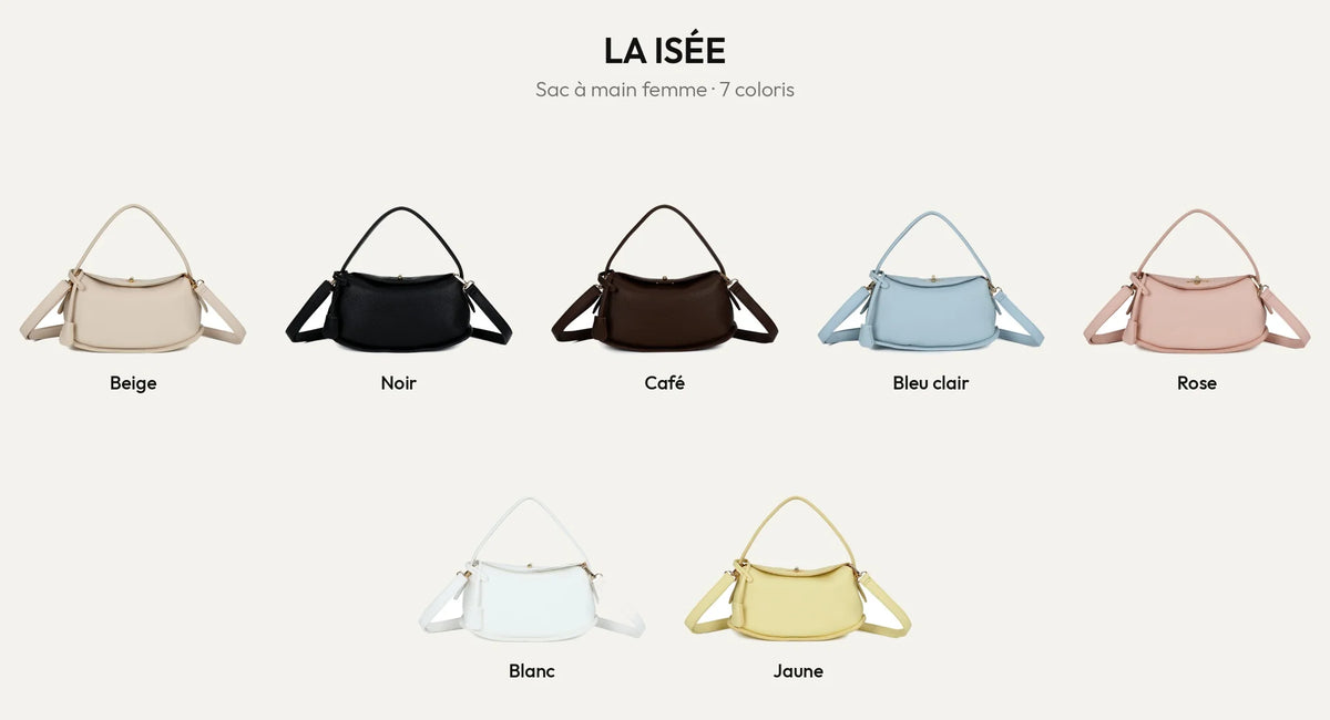 Le sac à main La Isée dans ses 7 coloris : beige, noir, coffee, bleu clair, rose, blanc et jaune – Gallantry Paris – réf. R-2063