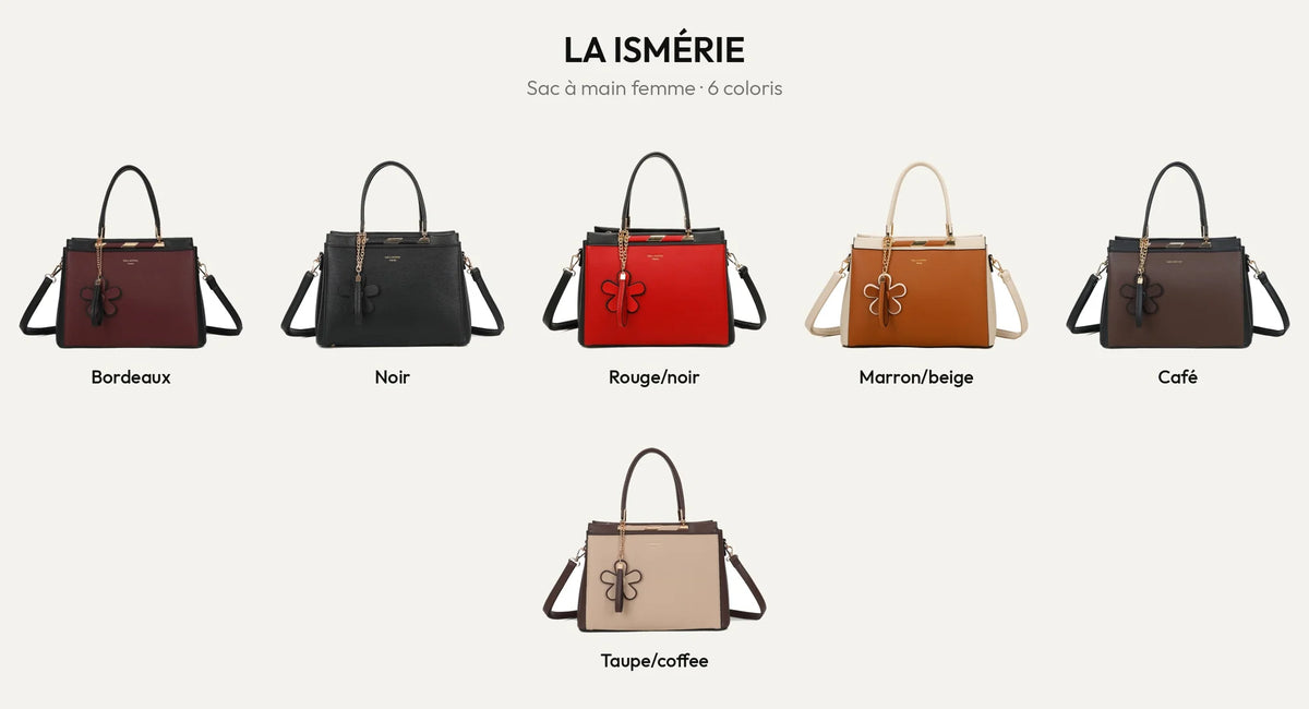 Sac à main femme La Ismérie en 6 coloris : Bordeaux, Noir, Rouge/Noir, Marron/Beige, Coffee, Taupe/coffee – Gallantry Paris – réf. DQ-8634-1