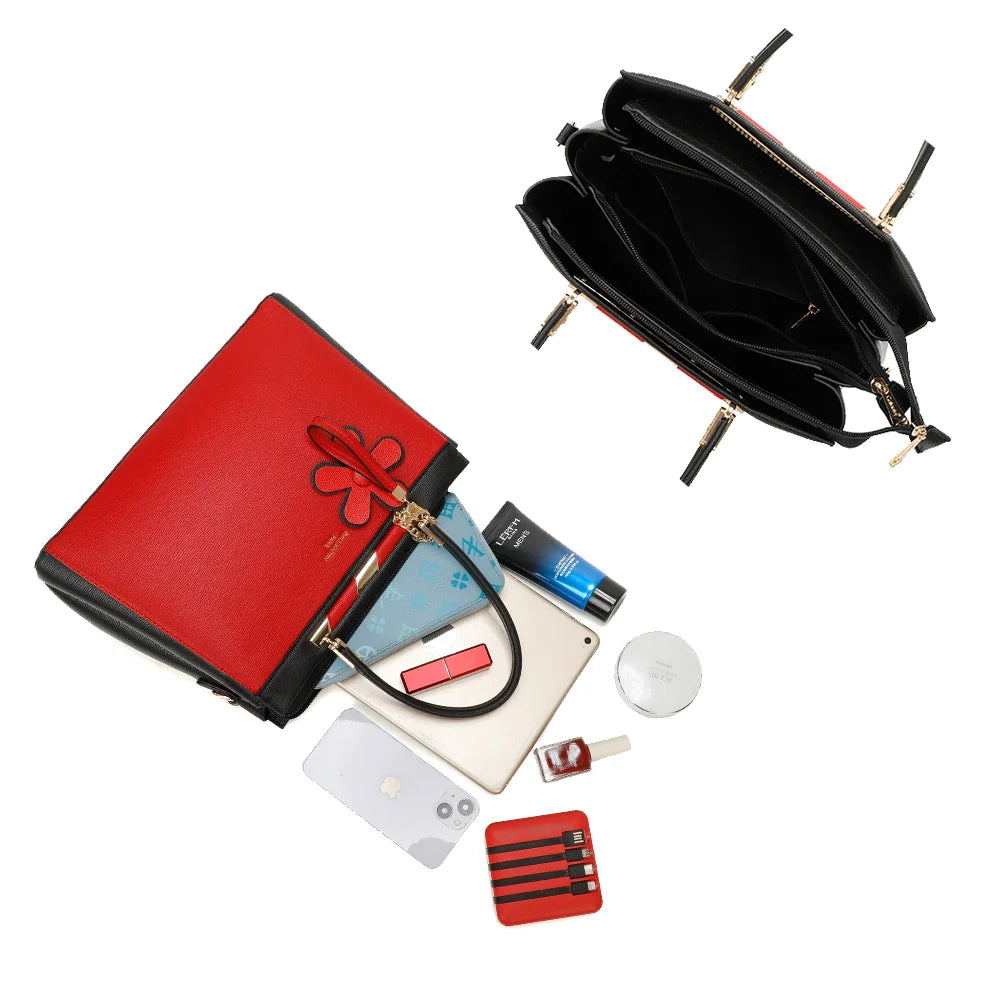 Intérieur de La Ismérie rouge/noir : compartiments pour ranger téléphone, maquillage et petite tablette – réf. DQ-8634-1