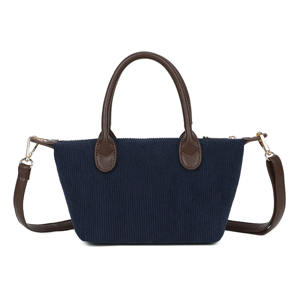 Dos du sac La Léandra bleu foncé, texture velours côtelé et deux anses arrondies marron foncé – réf. Z-05-8