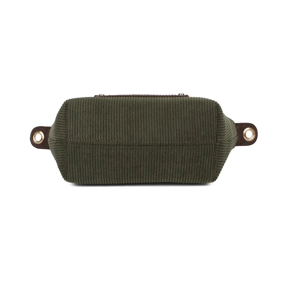 Dessous du sac La Léandra vert foncé, base compacte de 18 × 9 cm en finition effet velours côtelé – réf. Z-05-8