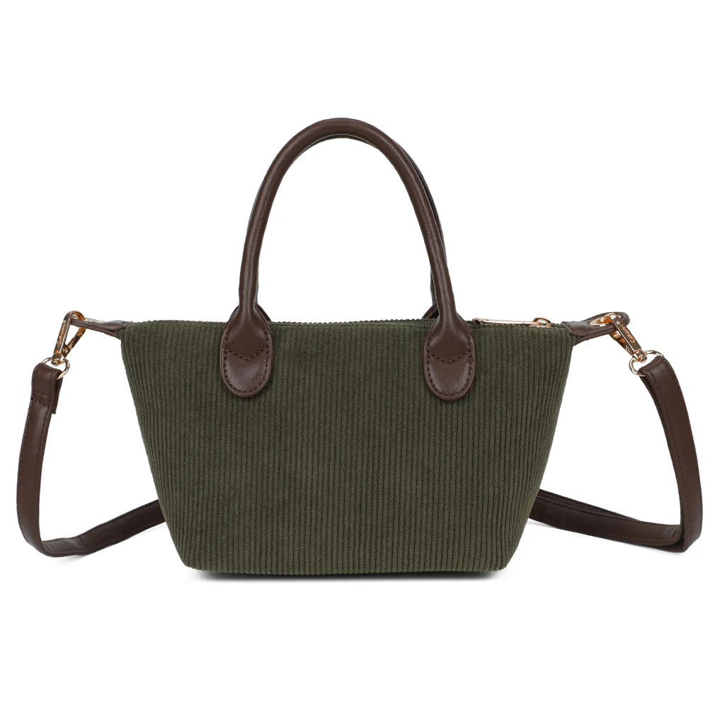 Dos du sac La Léandra vert foncé, texture velours côtelé et deux anses arrondies marron foncé – réf. Z-05-8