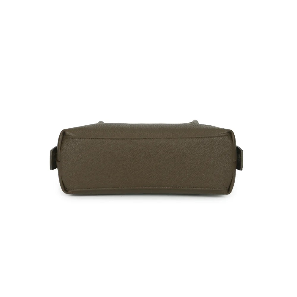 Dessous du sac La Linotte vert foncé en simili cuir grainé, base plate et allongée – réf. KJ-62100