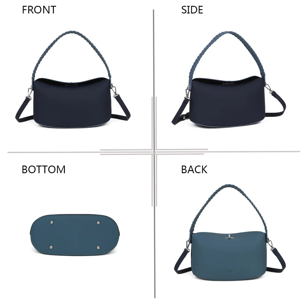 La Lison bleu foncé/bleu sous quatre angles : face, profil, dessous et dos du sac à anse tressée – réf. LS-76010