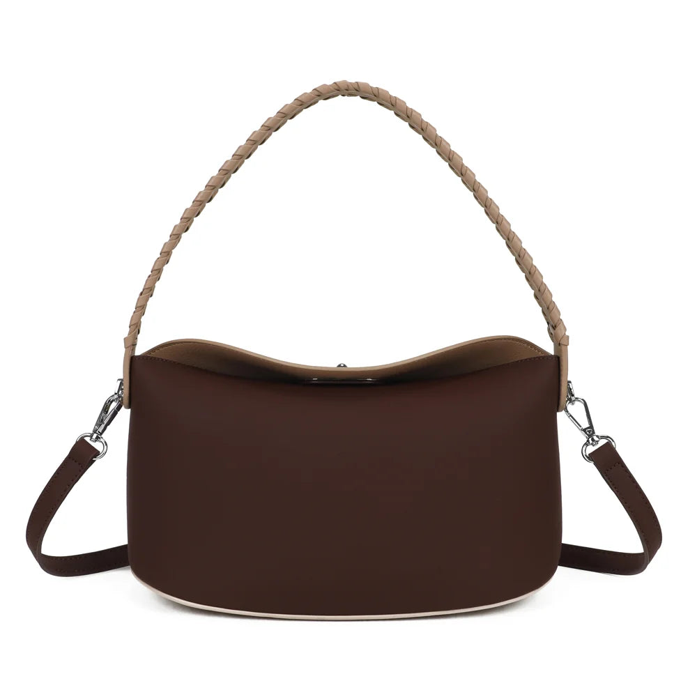 Sac à main femme La Lison coffee/taupe, anse tressée et bandoulière amovible – Gallantry Paris – réf. LS-76010