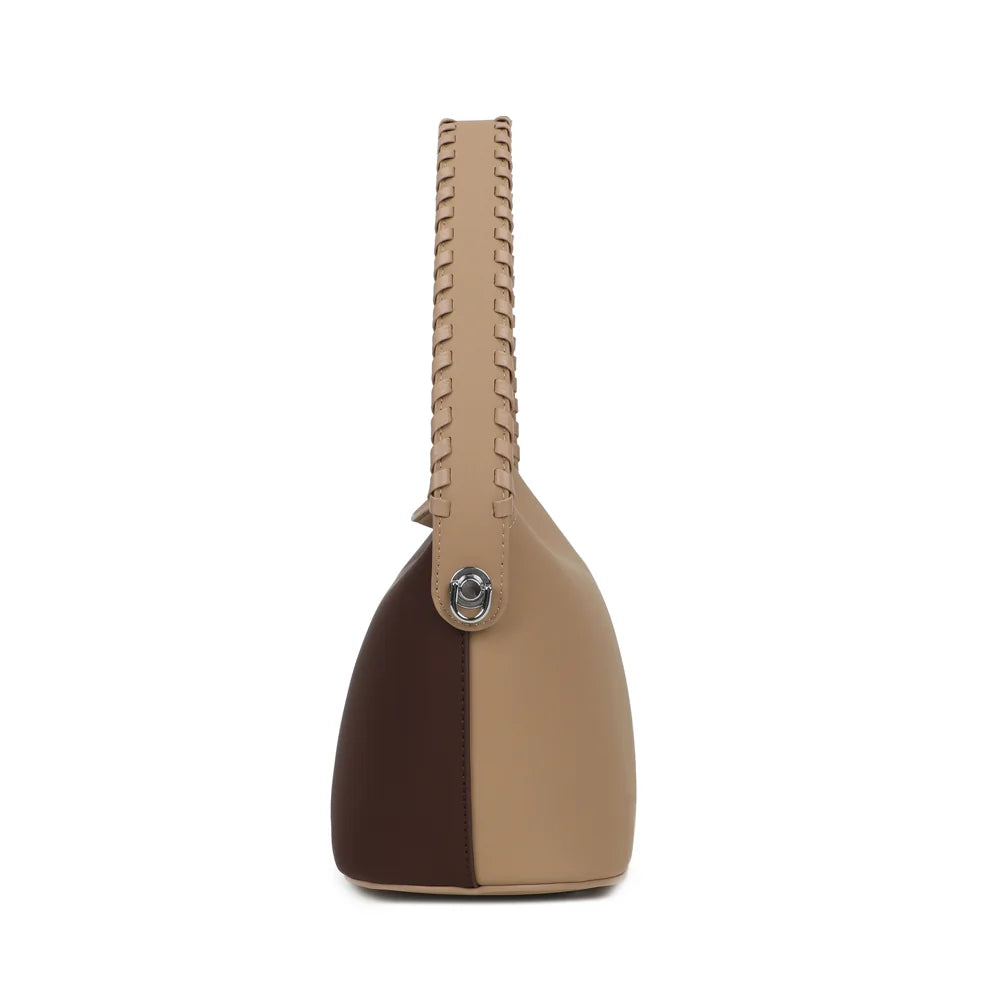 Profil de La Lison coffee/taupe : 12,5 cm de profondeur et rivet argenté qui fixe l’anse tressée – réf. LS-76010