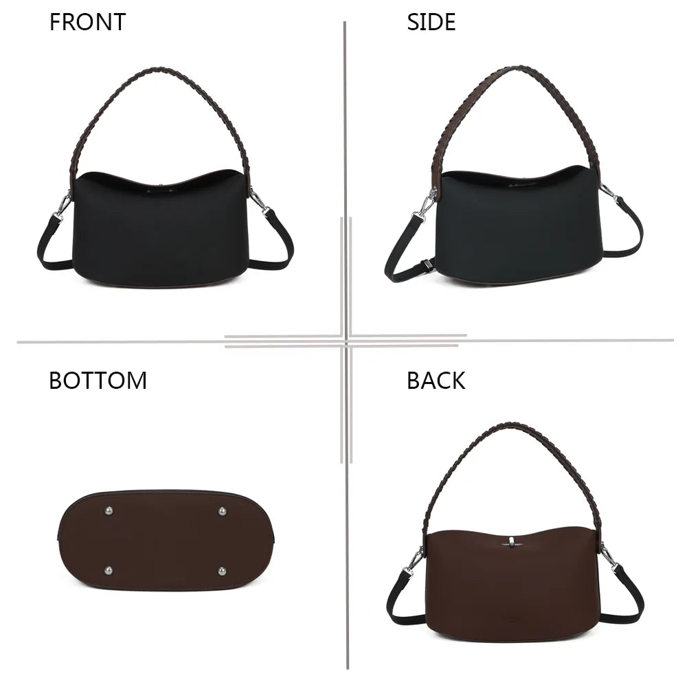 La Lison noir/coffee sous quatre angles : face, profil, dessous et dos du sac à anse tressée – réf. LS-76010