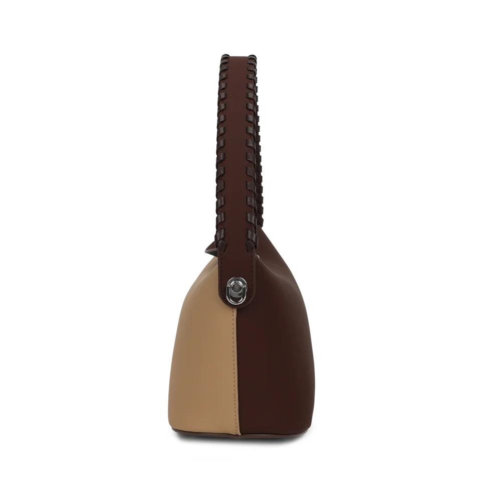 Profil de La Lison taupe/coffee : 12,5 cm de profondeur et rivet argenté qui fixe l’anse tressée – réf. LS-76010