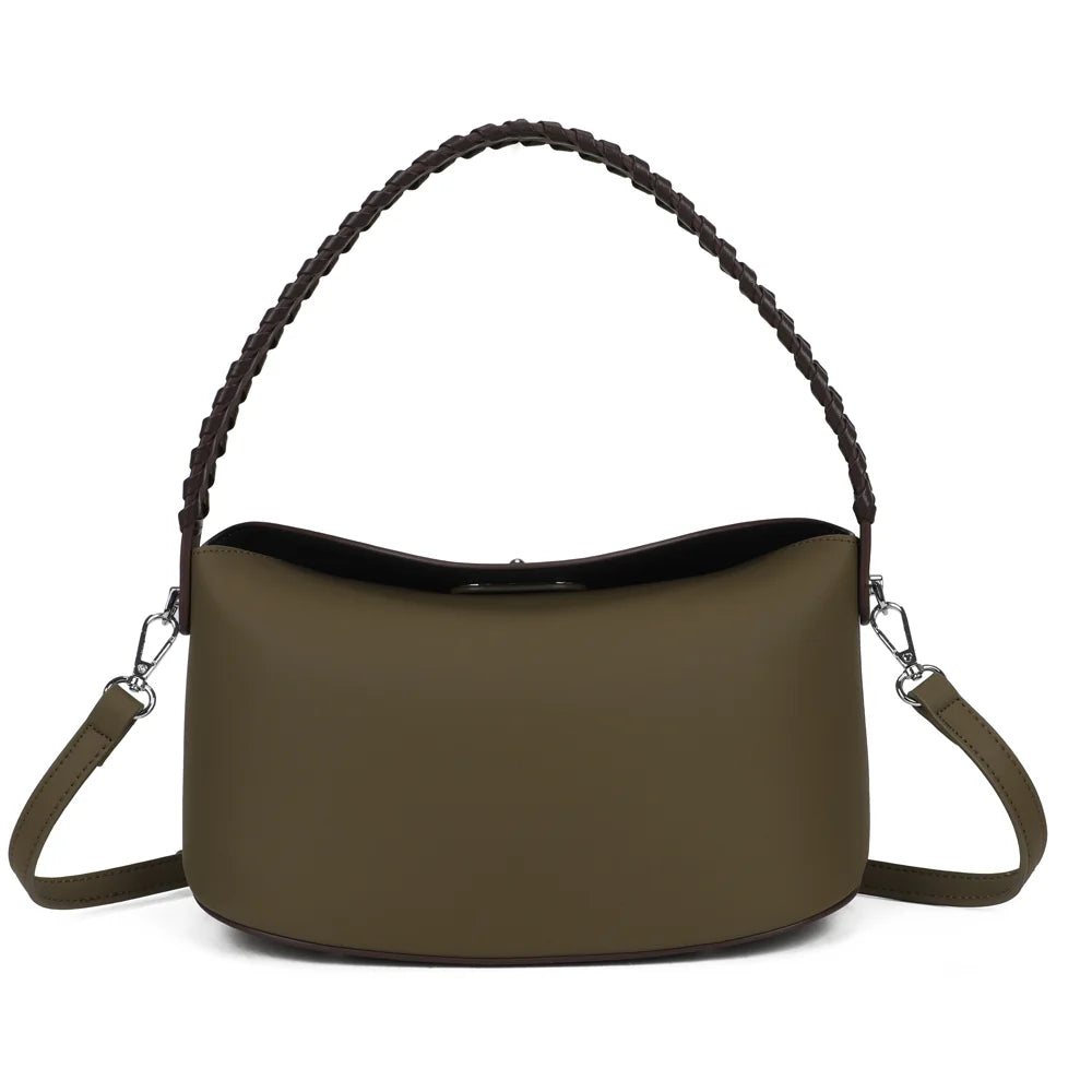 Sac à main femme La Lison vert foncé/coffee, anse tressée et bandoulière amovible – Gallantry Paris – réf. LS-76010
