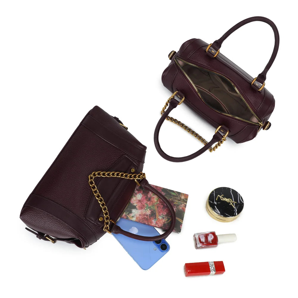 Intérieur du sac La Lucia bordeaux : compartiment principal zippé et doublure synthétique – réf. R-2060