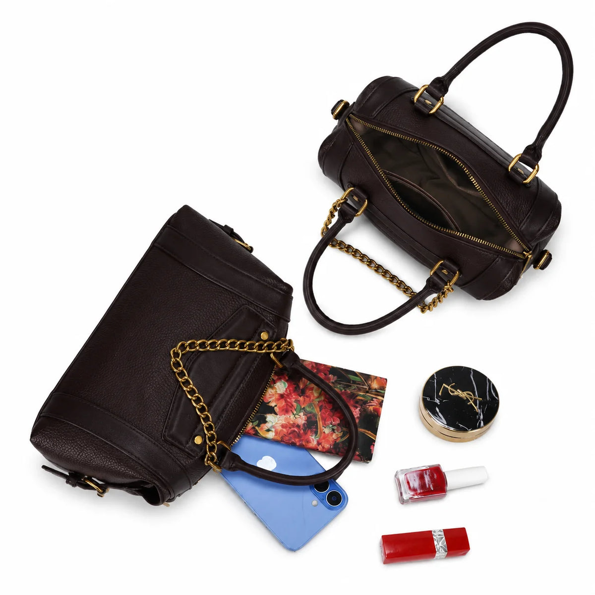 Intérieur du sac La Lucia café : compartiment principal zippé et doublure synthétique – réf. R-2060