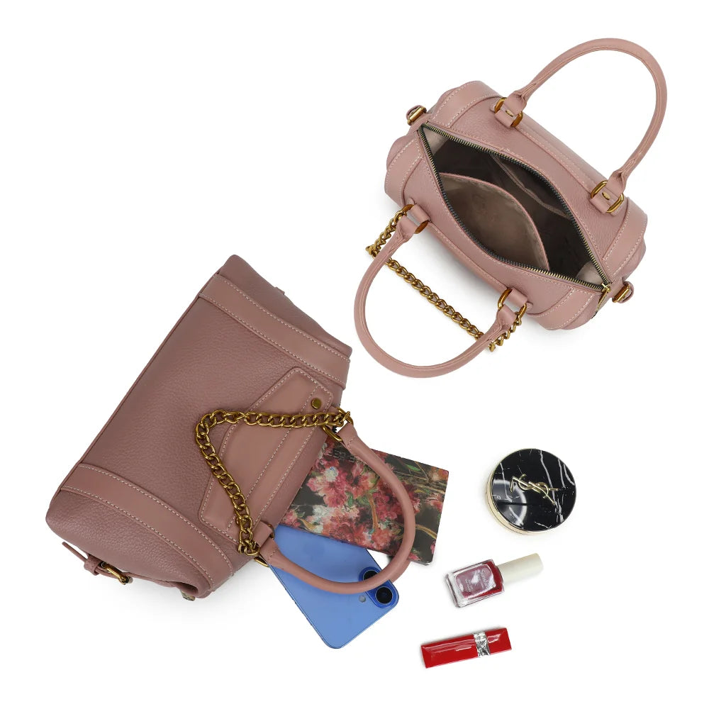 Intérieur du sac La Lucia rose foncé : compartiment principal zippé et doublure synthétique – réf. R-2060