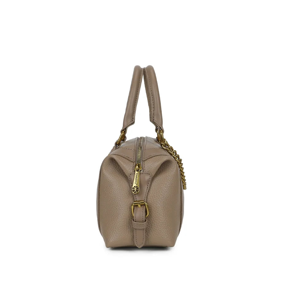 Profil du sac La Lucia taupe foncé : côtés arrondis et attaches de la bandoulière amovible – réf. R-2060