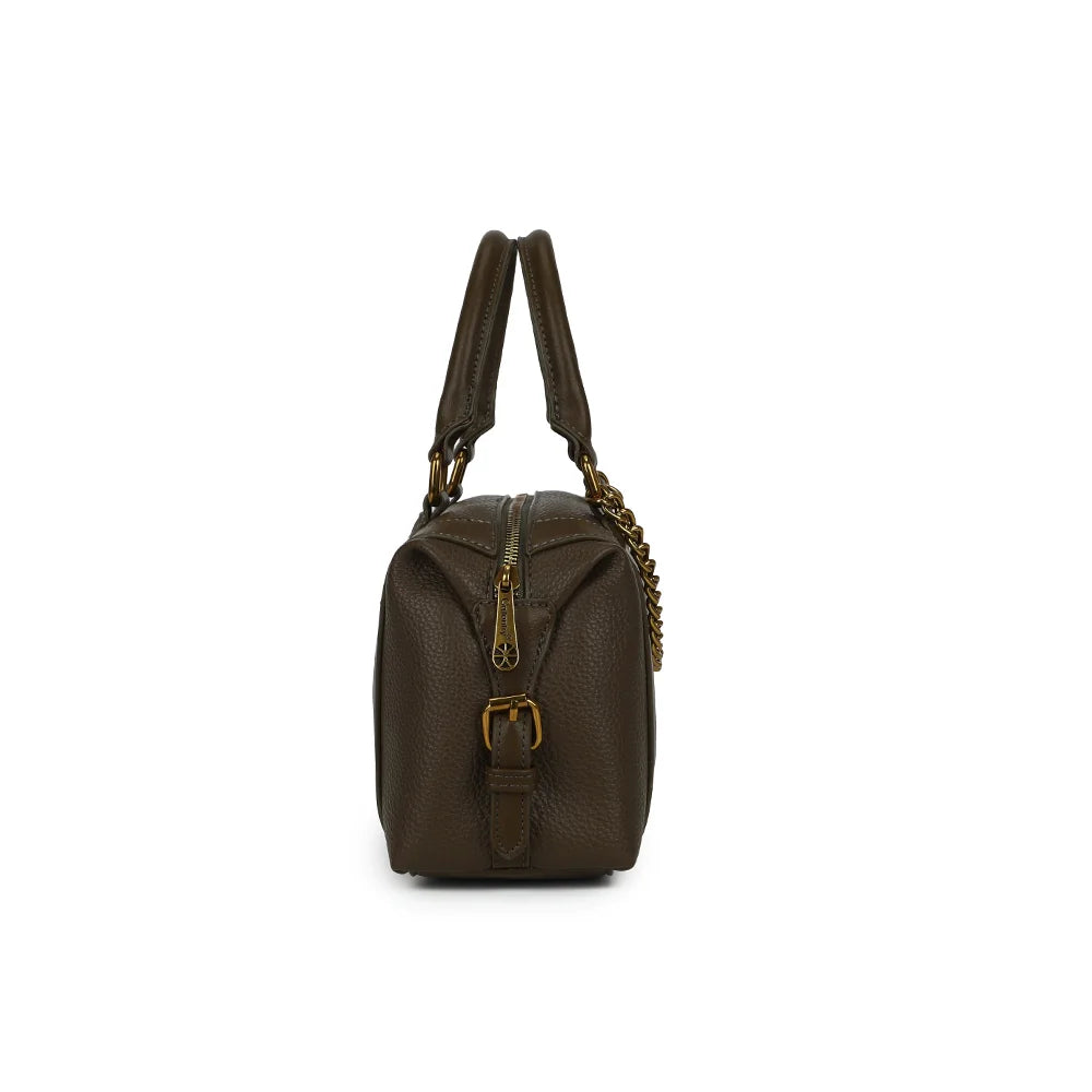 Profil du sac La Lucia vert foncé : côtés arrondis et attaches de la bandoulière amovible – réf. R-2060