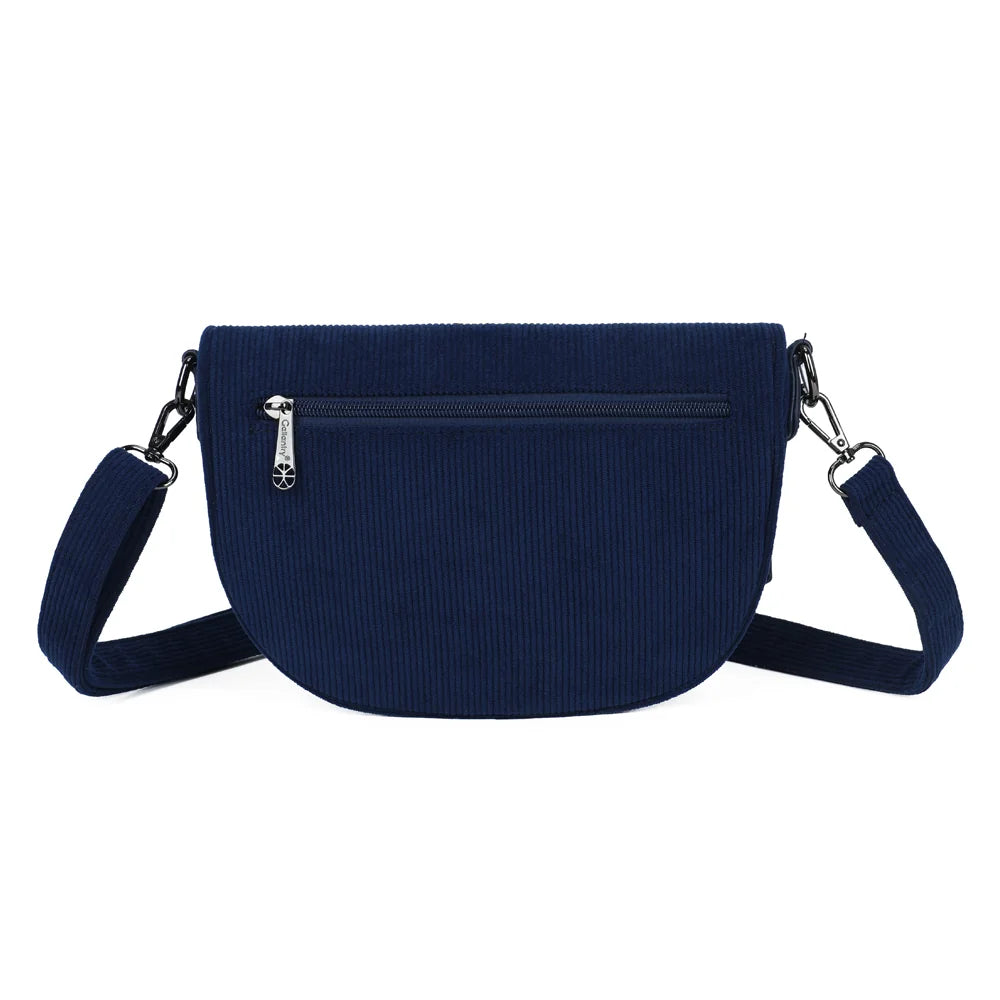Dos de La Maddy bleu foncé : velours côtelé uni et attaches métalliques de la bandoulière – réf. Z-83051-10