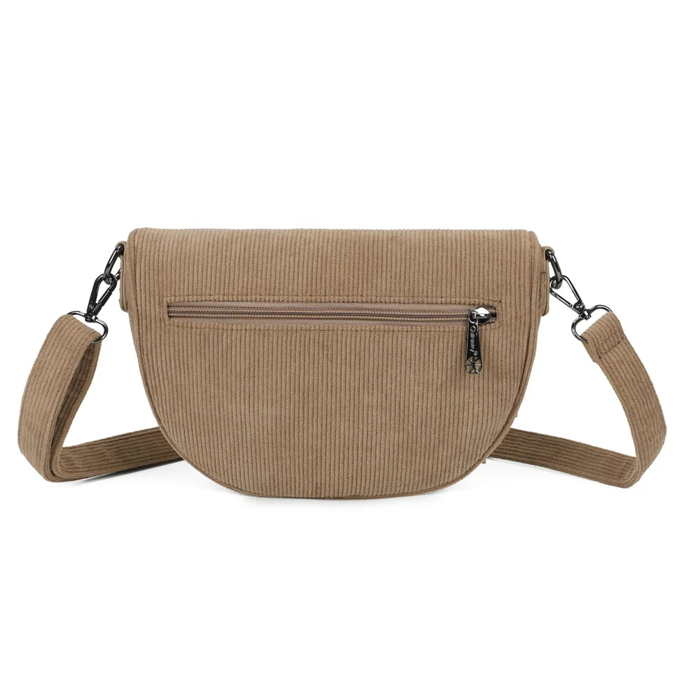 Dos de La Maddy taupe foncé : velours côtelé uni et attaches métalliques de la bandoulière – réf. Z-83051-10