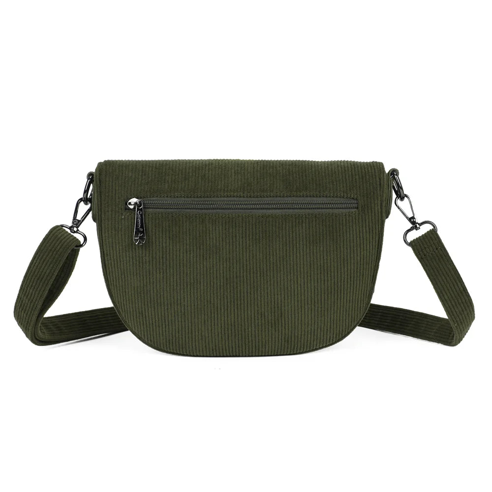 Dos de La Maddy vert foncé : velours côtelé uni et attaches métalliques de la bandoulière – réf. Z-83051-10