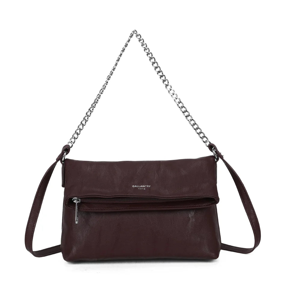 Sac bandoulière femme La Marilou bordeaux à rabat, anse chaîne argentée et bandoulière – Gallantry Paris – réf. Z-83096