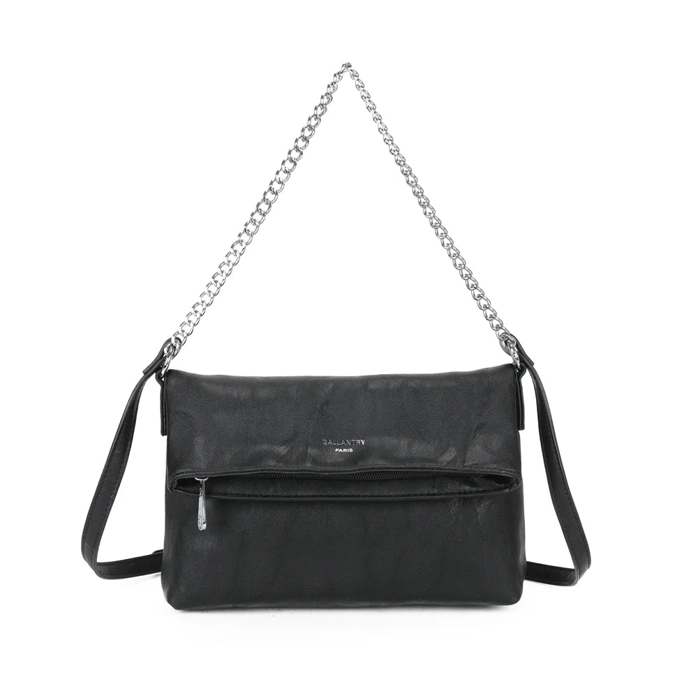 Sac bandoulière femme La Marilou noir à rabat, anse chaîne argentée et bandoulière – Gallantry Paris – réf. Z-83096