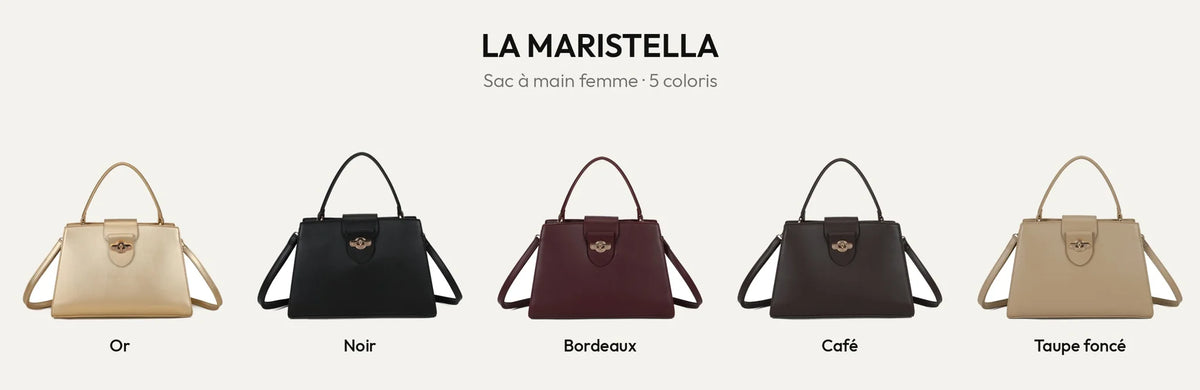 Sac à main femme La Maristella en 5 coloris : Or, Noir, Bordeaux, Coffee et D.TAUPE – Gallantry Paris – réf. LS-76005